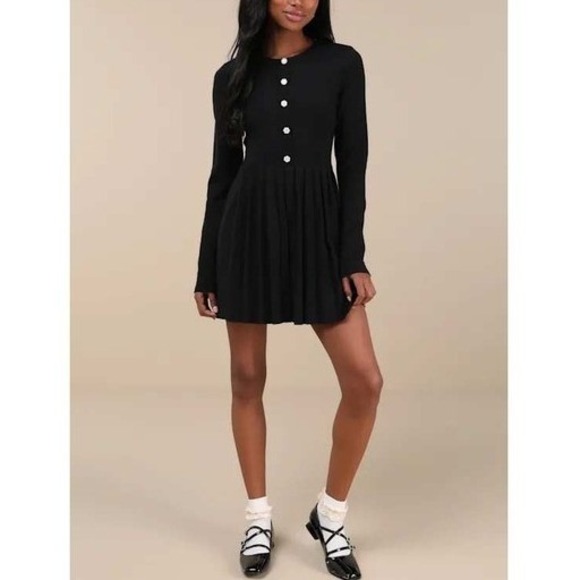 Lulus Black Ribbed Knit Button Front Pleated Skirt Dress Size M - Picture 6 of 15